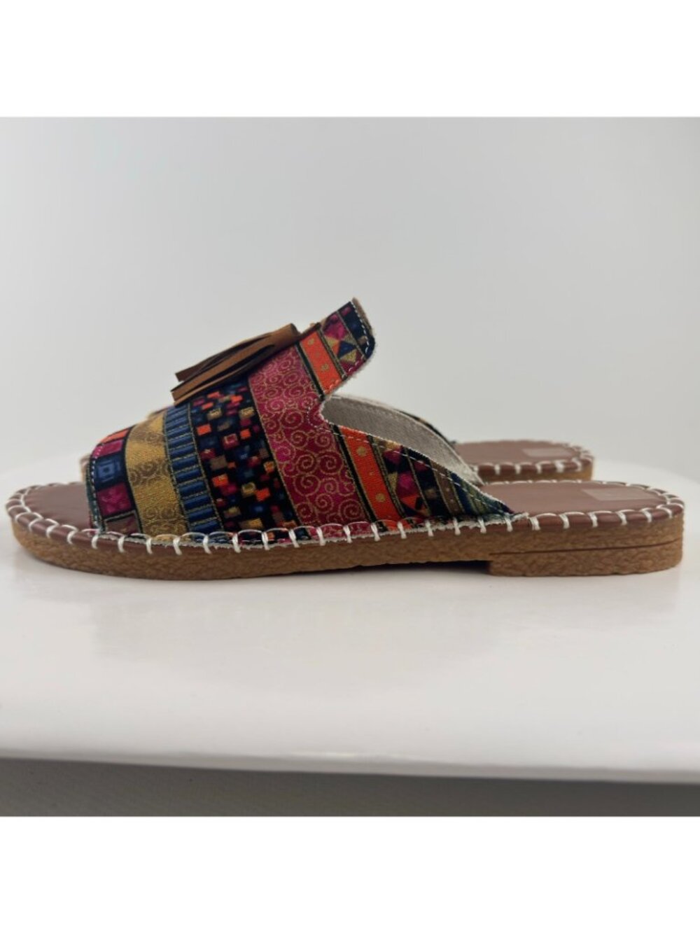 Boho Slide Sandals Womens 9.5 EU 41 Tassel Open Toe Multicolor Tribal Summer NEW - Picture 2 of 12